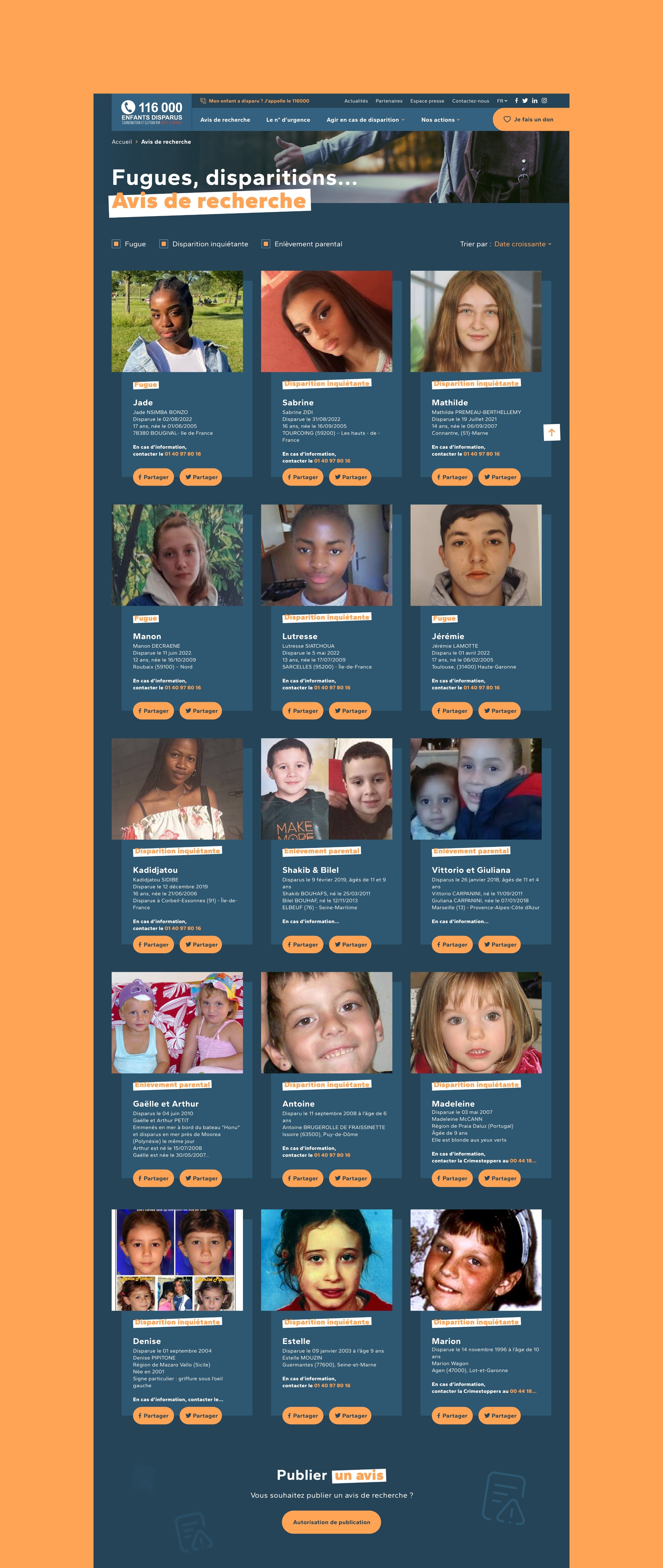Pages des avis de recherche du site Internet du 116000 enfants disparus