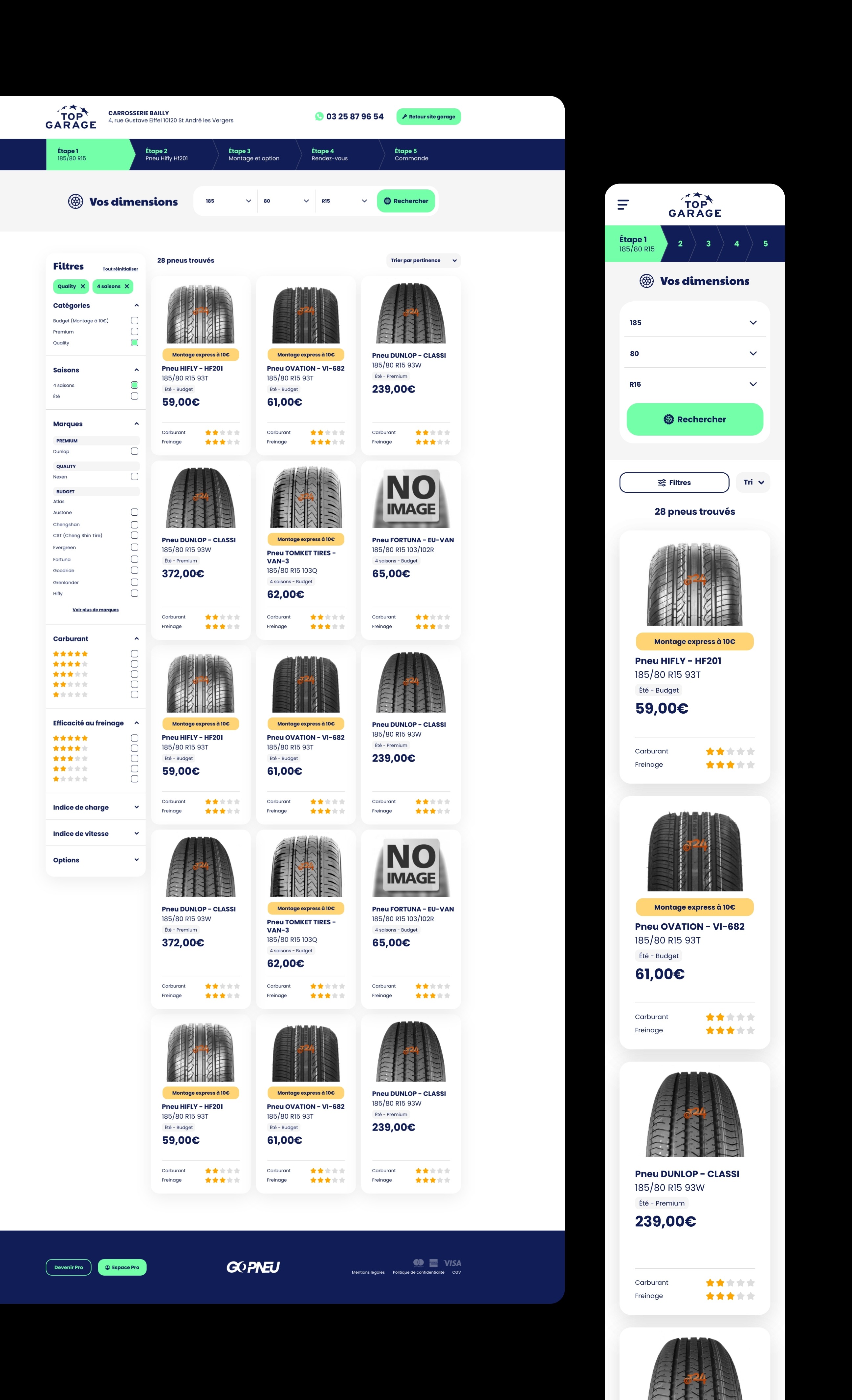 Site Internet e-commerce Go Pneu : page catalogue