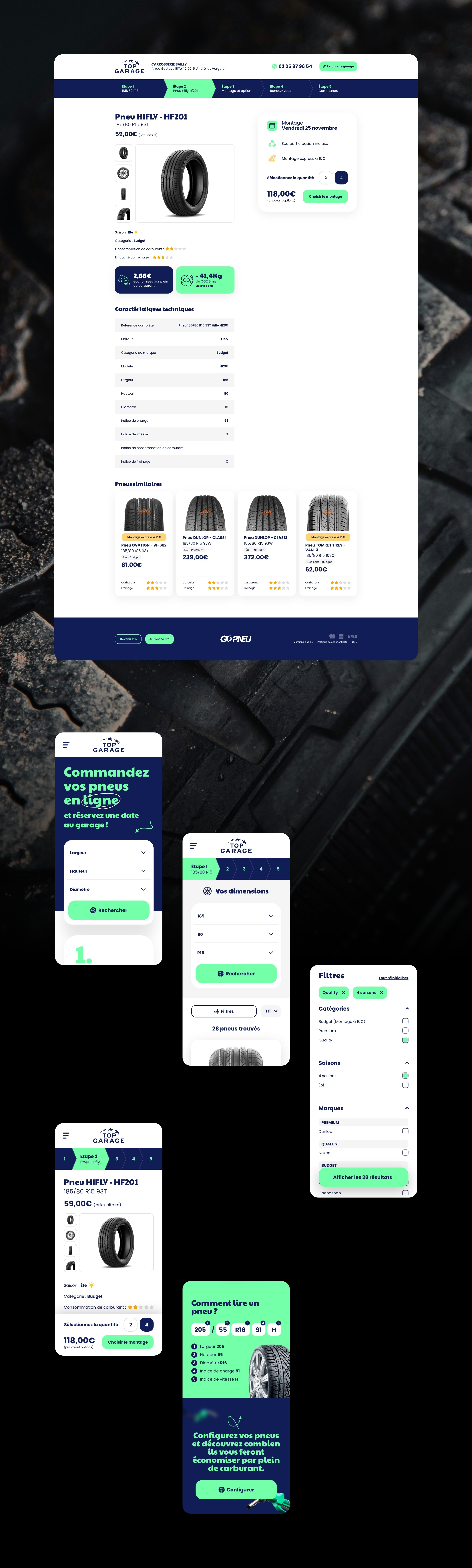 Site Internet e-commerce Go pneu : page produit desktop et responsive