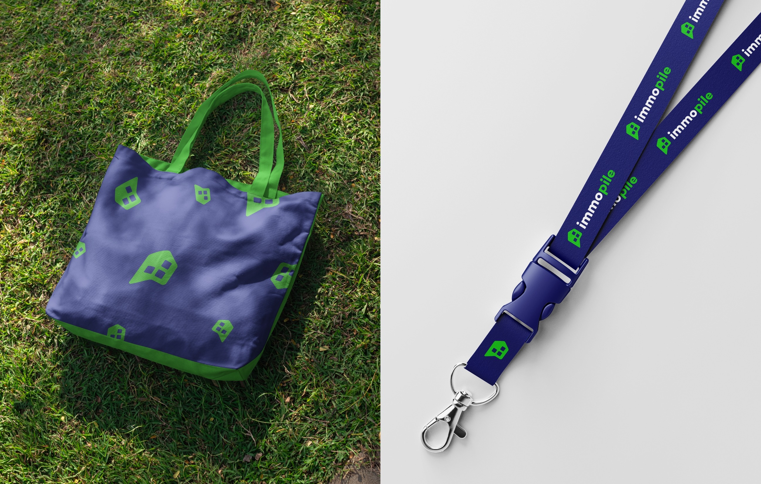 Mise en situation du logo Immopile sur un tote bag et un tour de cou