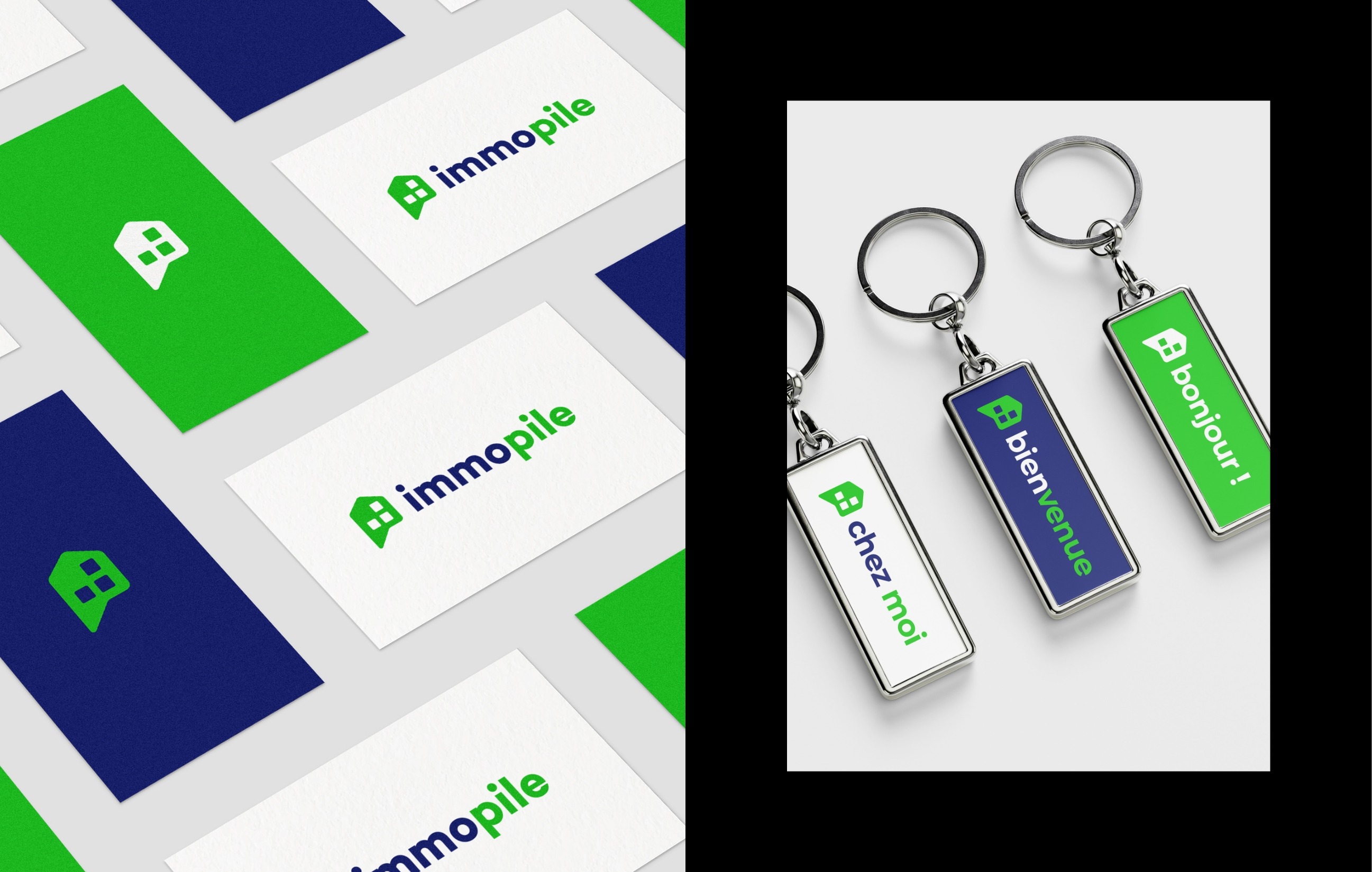 Mise en situation du logo Immopile sur des cartes de visite et des porte-clés