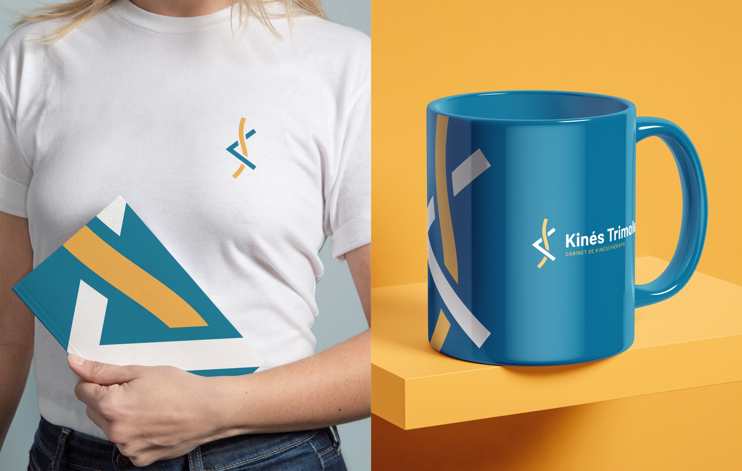 Mise en situation du logo Kinés Trimolet sur un carnet de notes et un mug