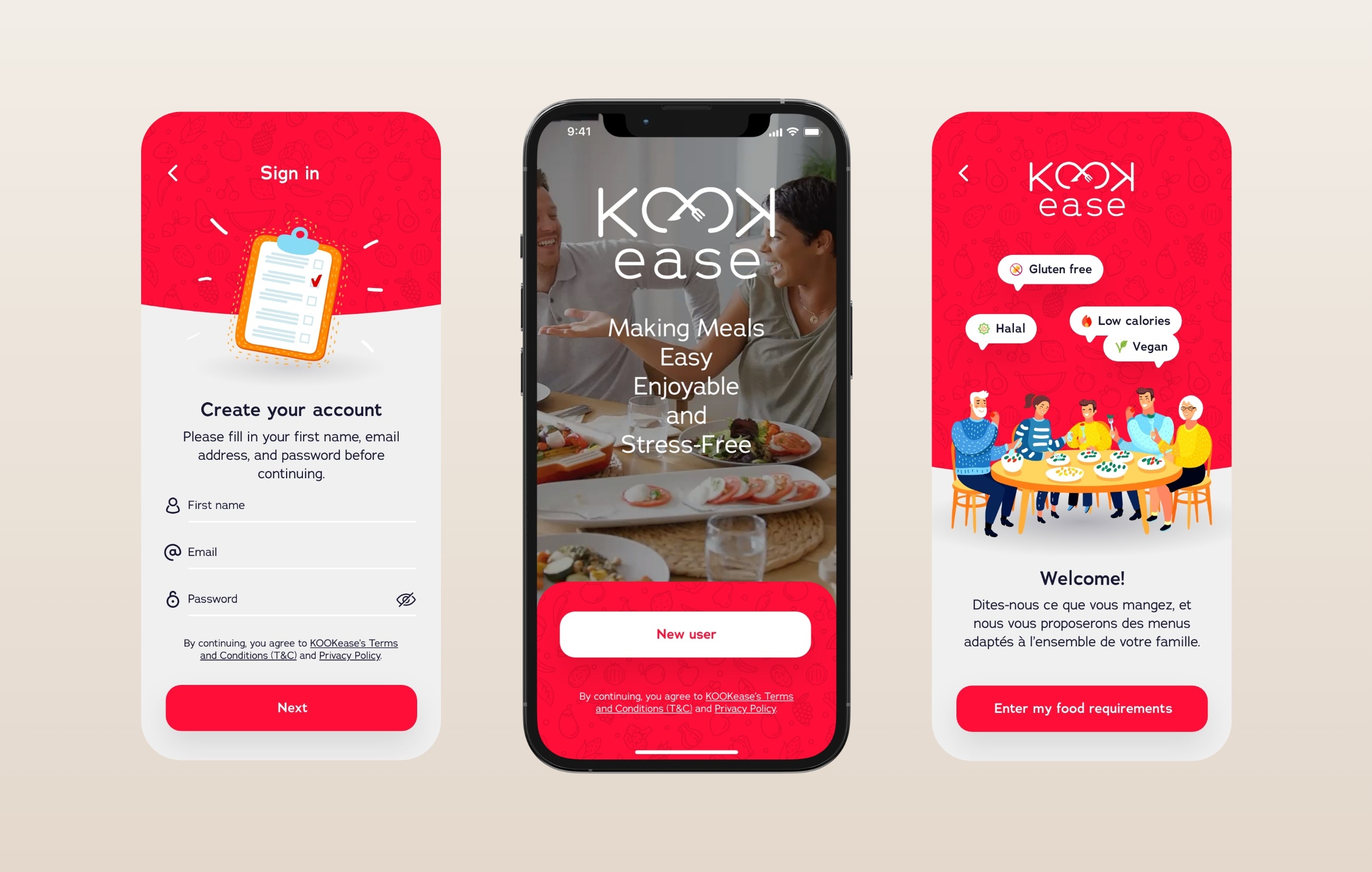 Application mobile Kookease : écrans d'accueil