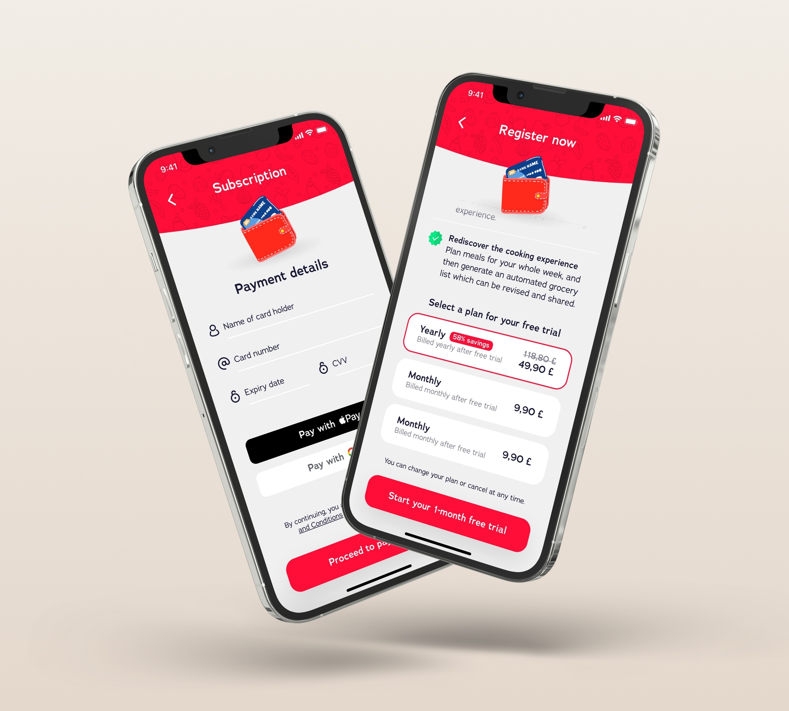 Ecrans de paiement de l'application Kookease