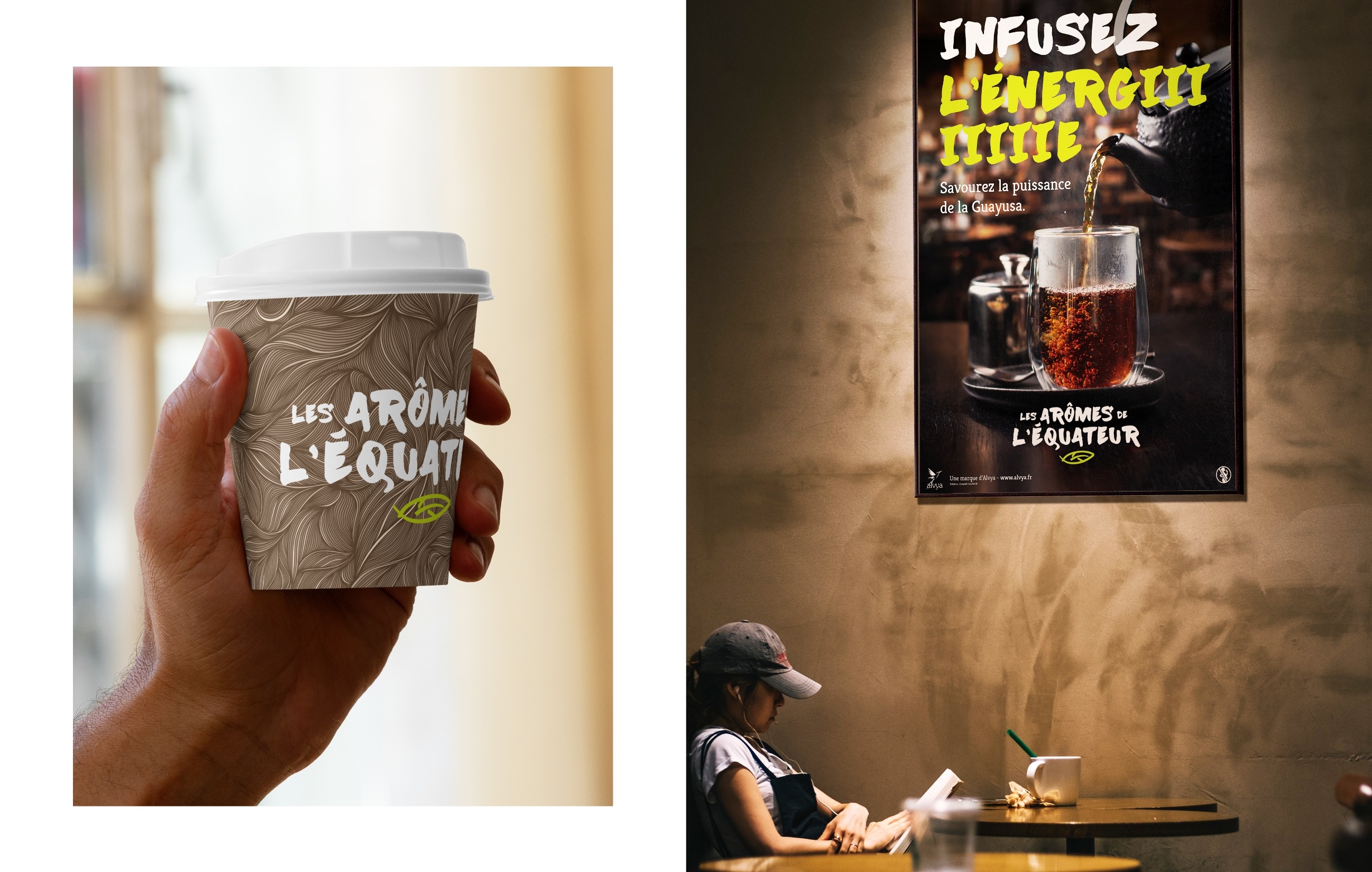Cup de thé et affiche faisant la promotion d'un thé Les arômes de l'équateur