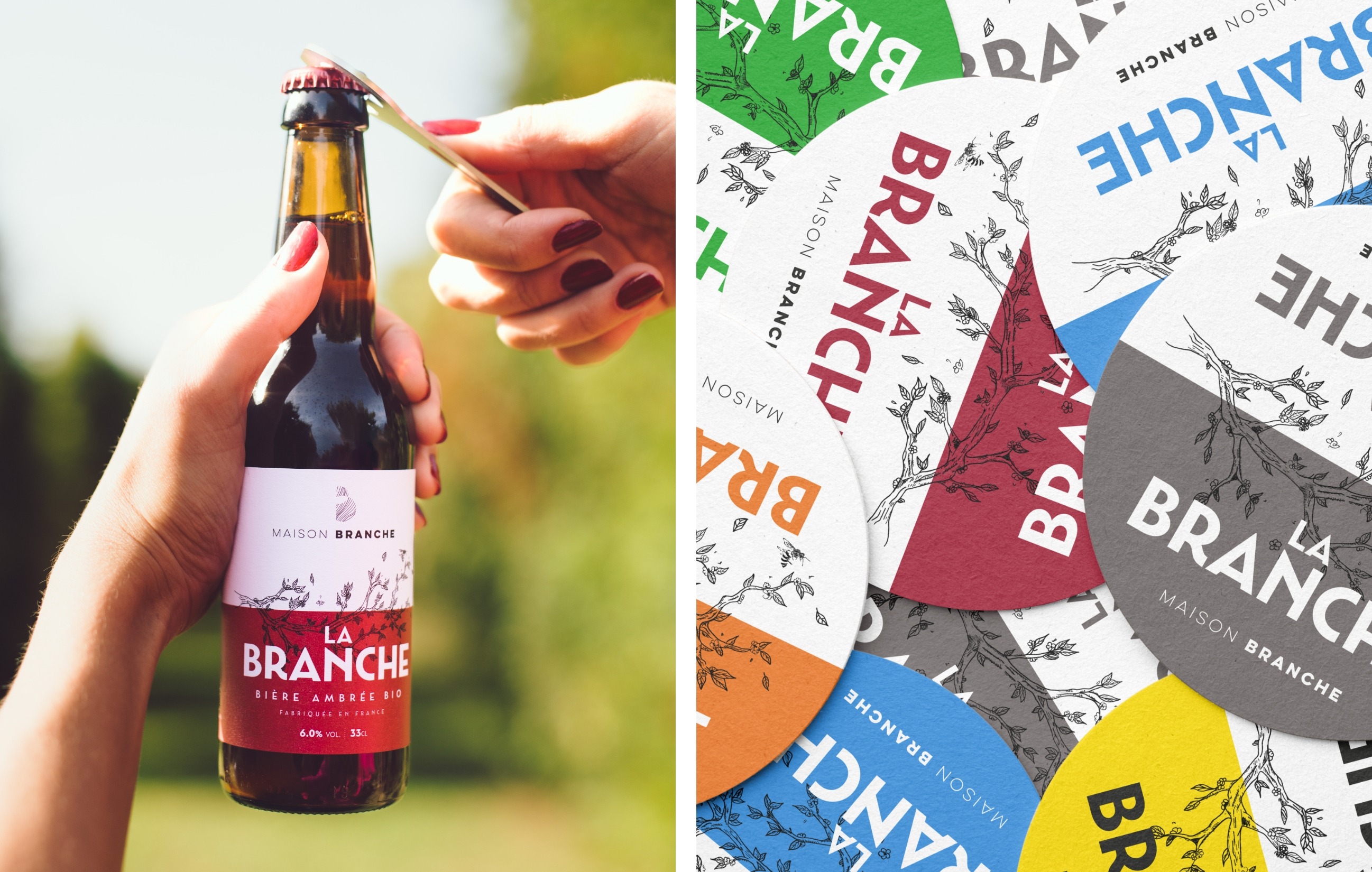 Photo d'une bouteille de bière et sous-verres Maison Branche
