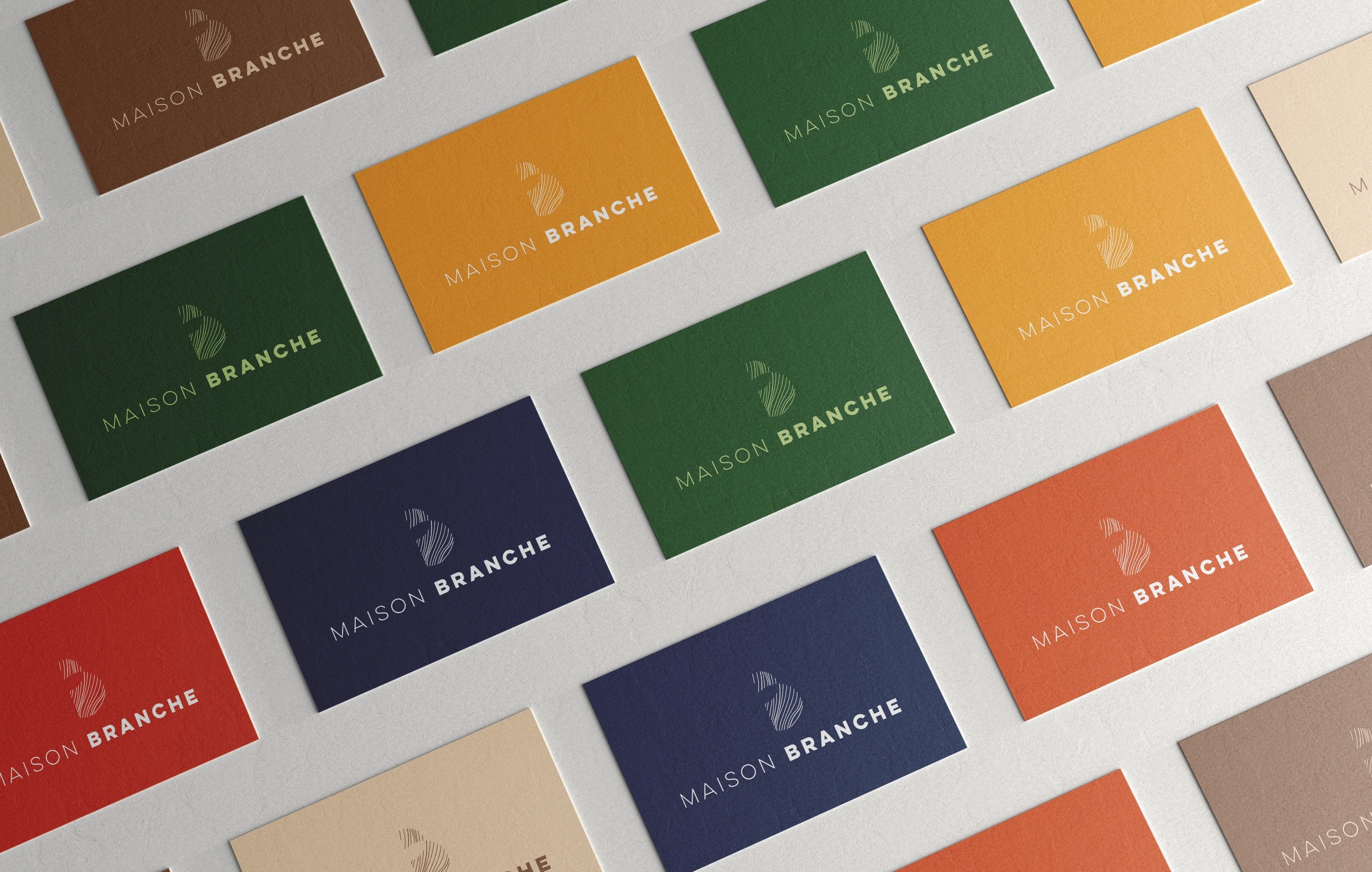 Logo Maison Branche décliné sur plusieurs cartes de visite de différentes couleurs