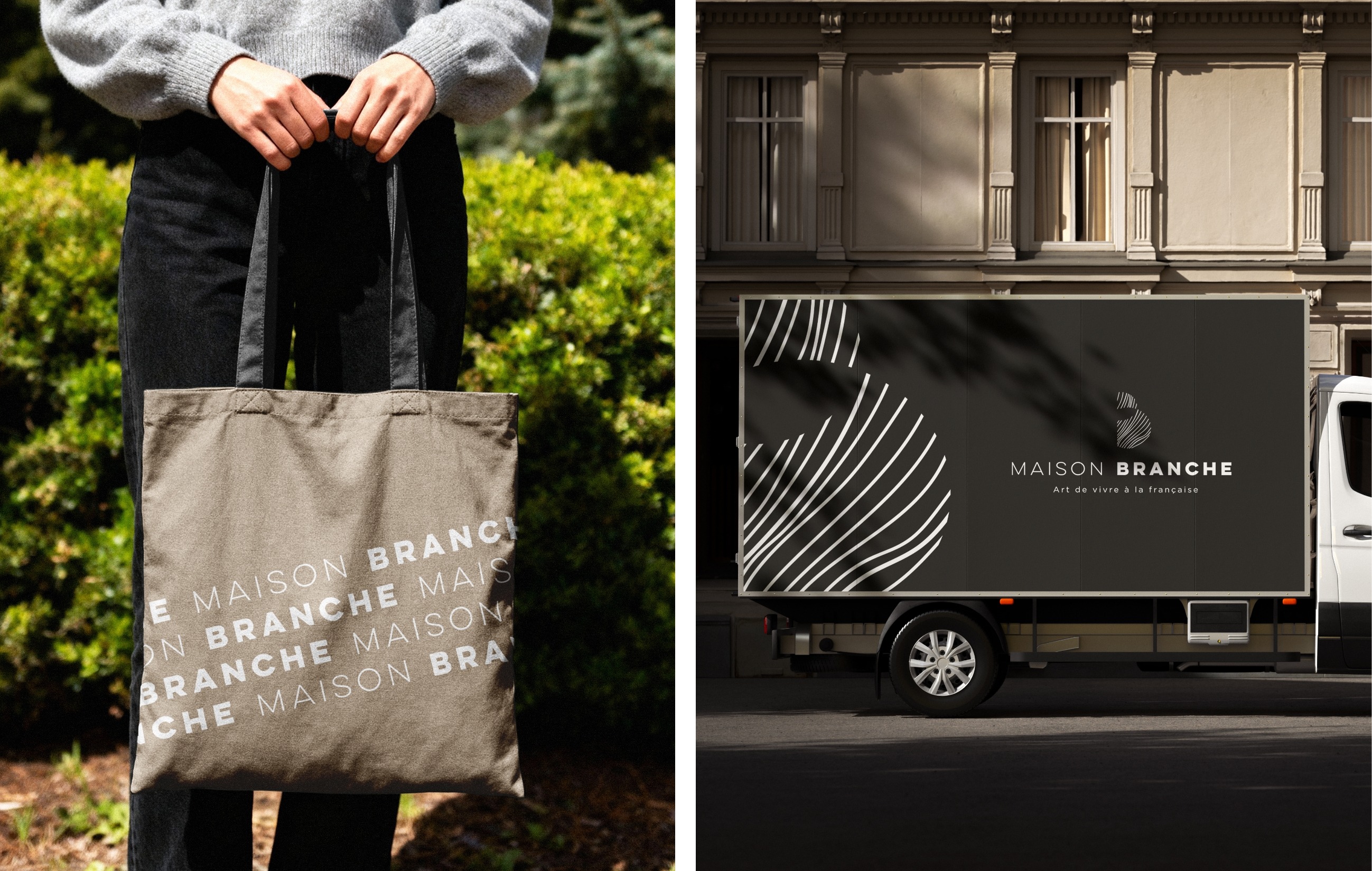 Logo Maison Branche mis en situation sur un tote bag et un camion de livraison