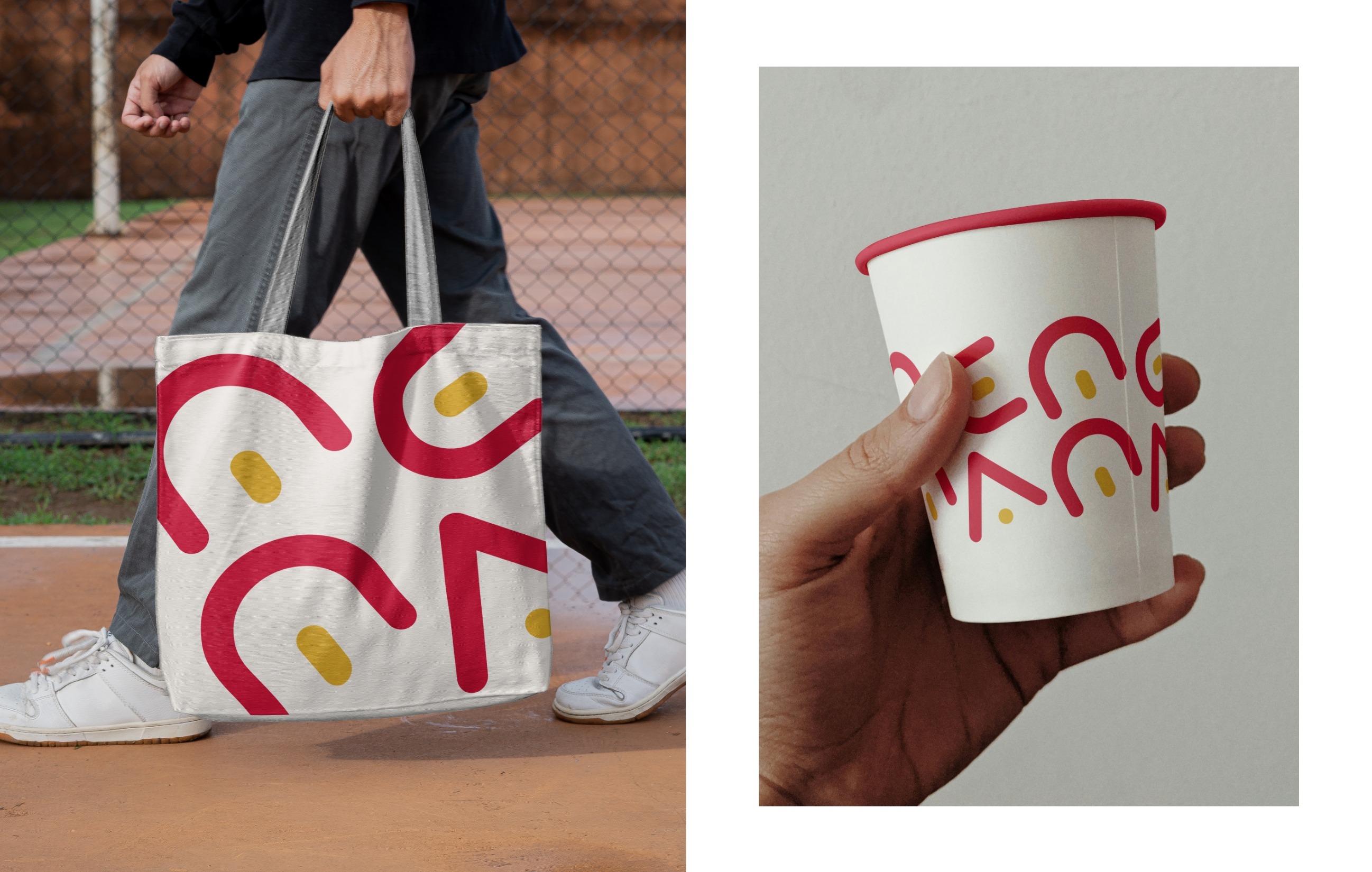 Mise en situation du logo MEMA sur tote-bag et cup de café