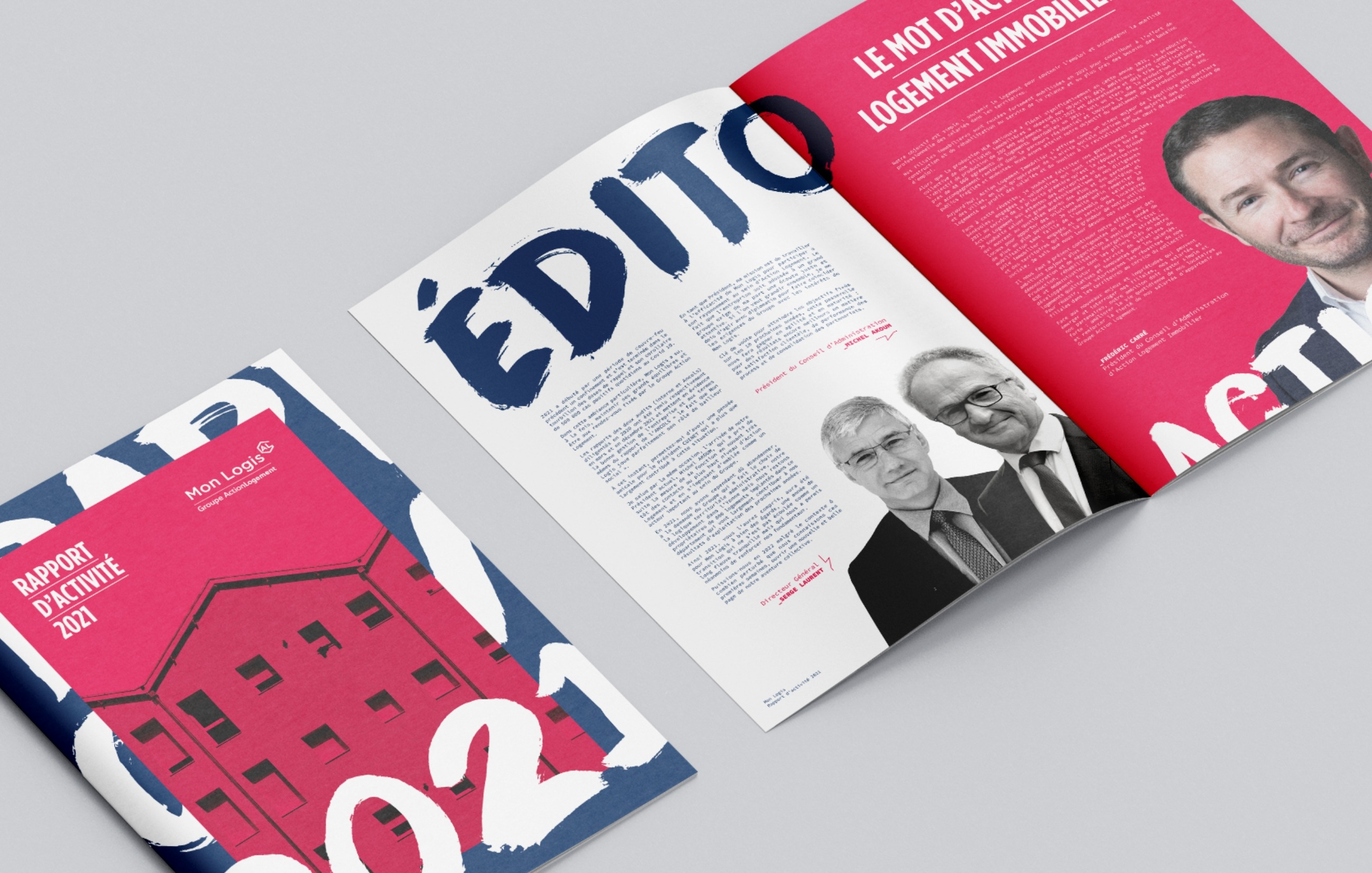 Couverture et double page d'introduction du rapport d'activité 2021 de Mon Logis