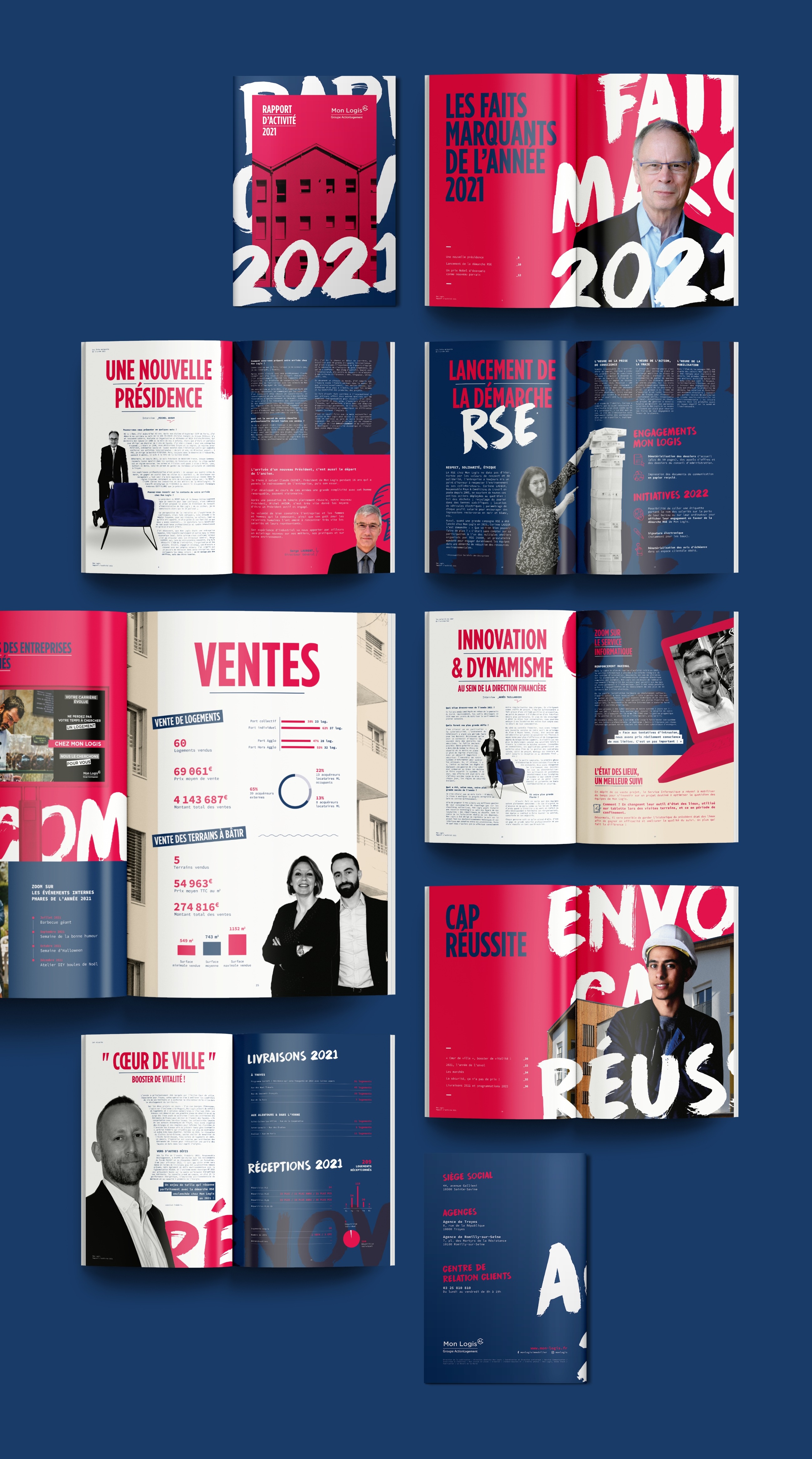 Pêle-mêle de pages du rapport d'activité 2021 de Mon Logis