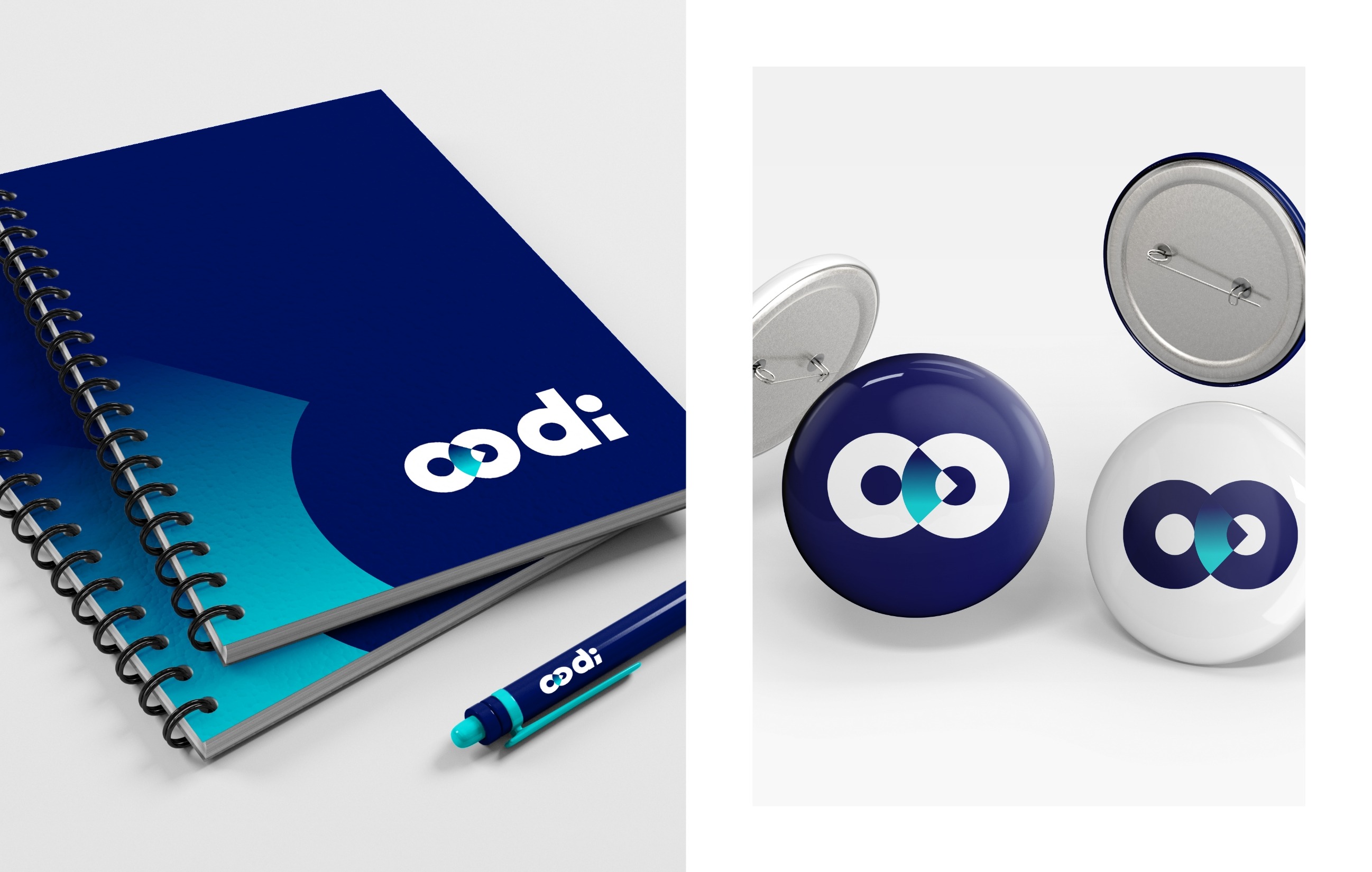 Mise en situation du logo Oodi sur un carnet de notes et des pins