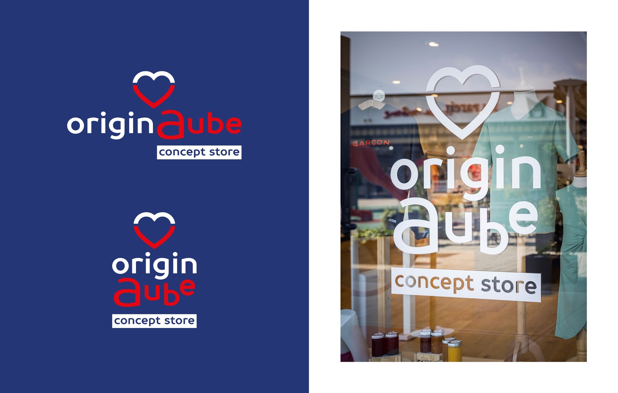 Logo OriginAube Concept Store et mise en situation sur vitrophanie