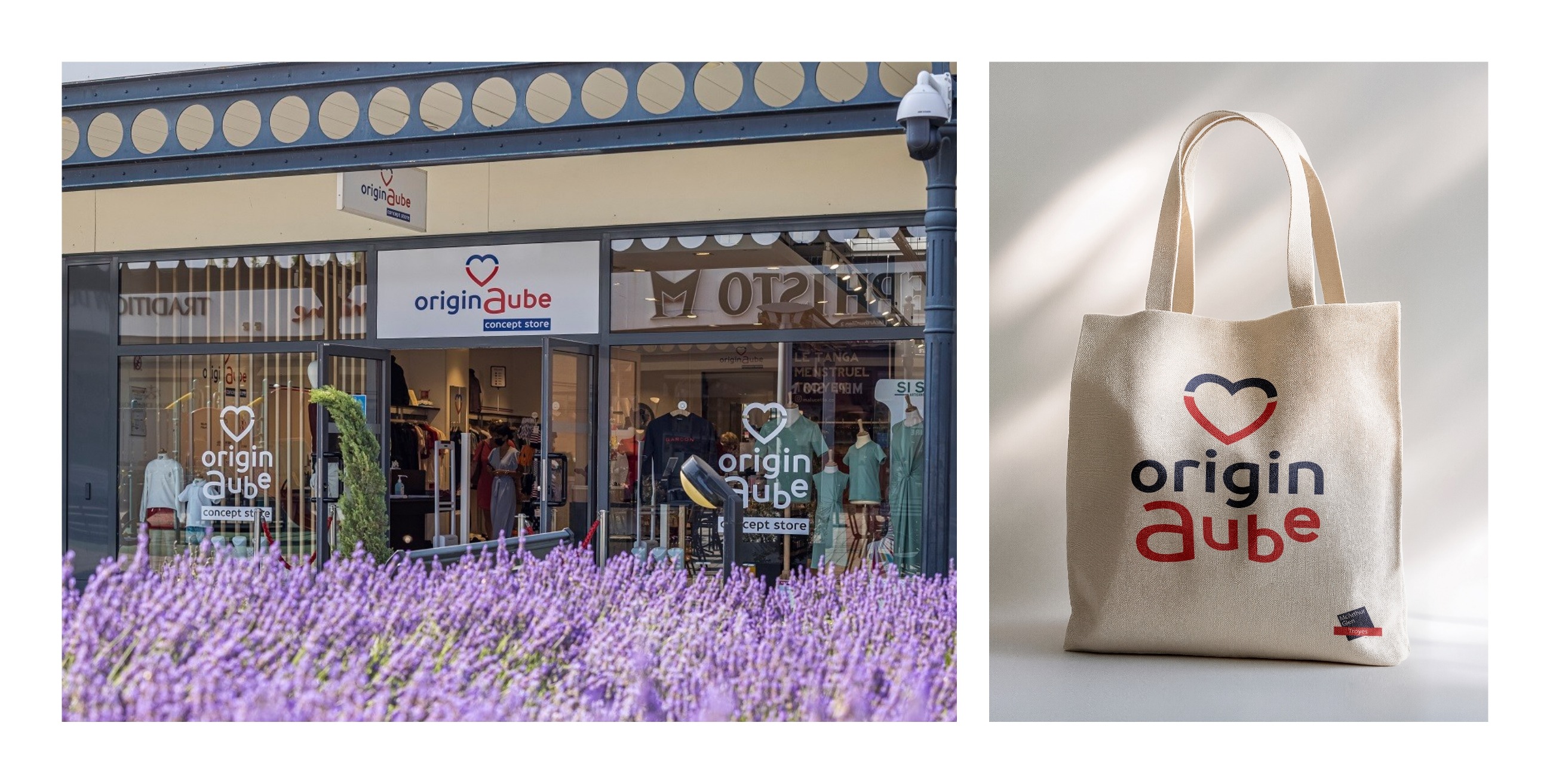 Mise en situation du logo OriginAube sur enseigne magasin et tote-bag
