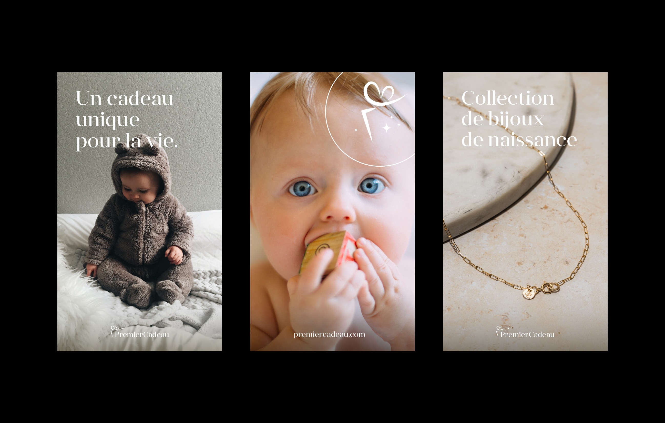 Mise en situation du logo Premier Cadeau sur des visuels promotionnels