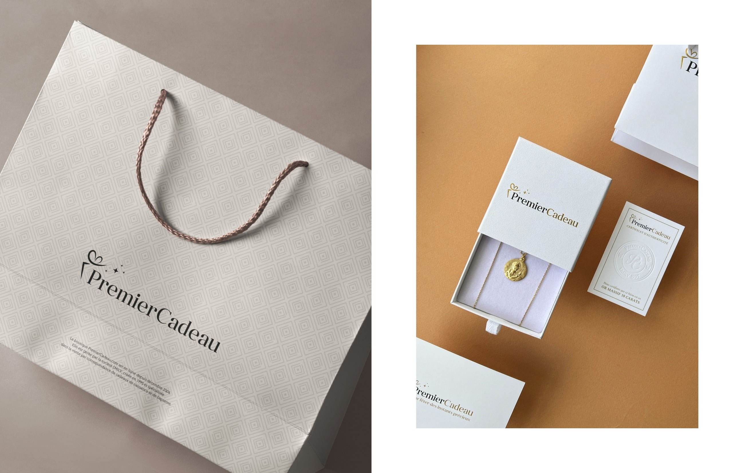 Mise en situation du logo Premier Cadeau sur un sac et sur des écrins à bijoux
