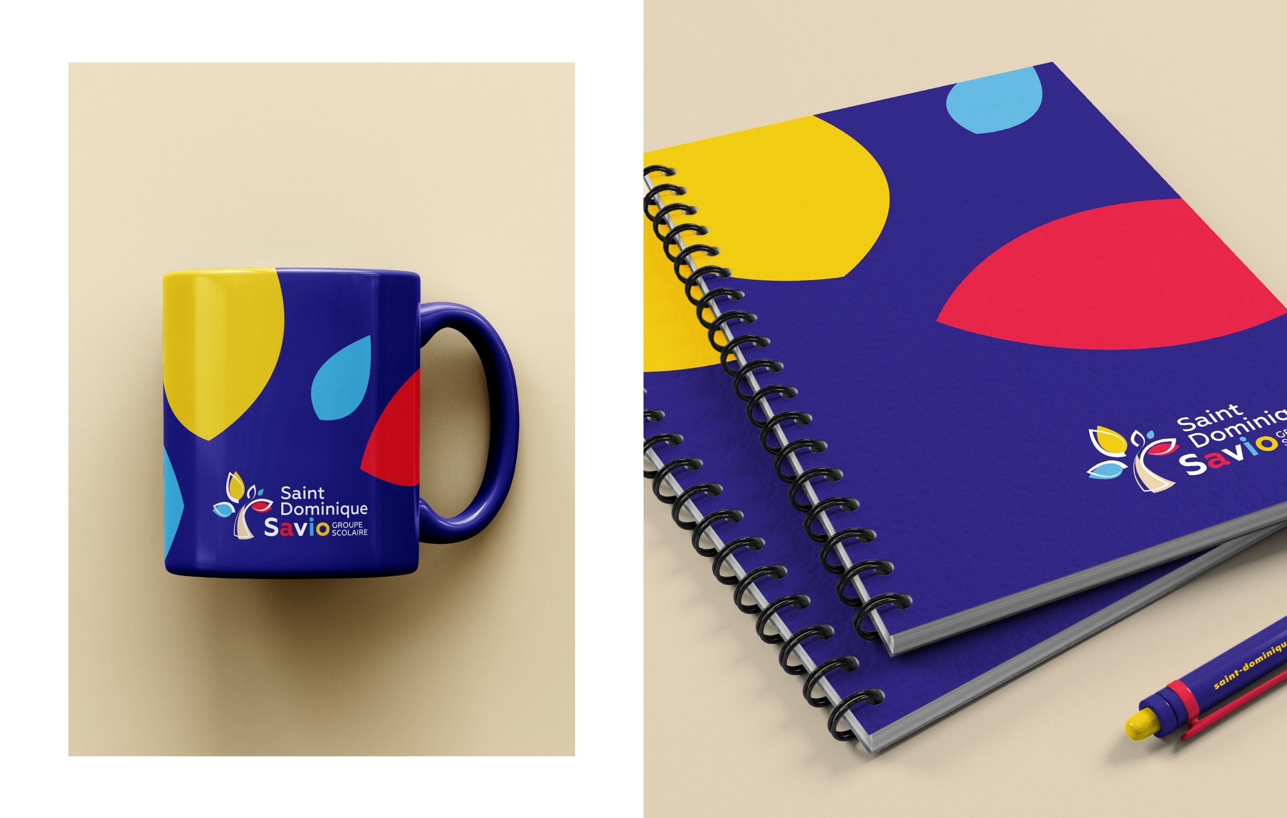 Mise en situation du logo Saint Dominique Savio sur un mug et sur un carnet de notes