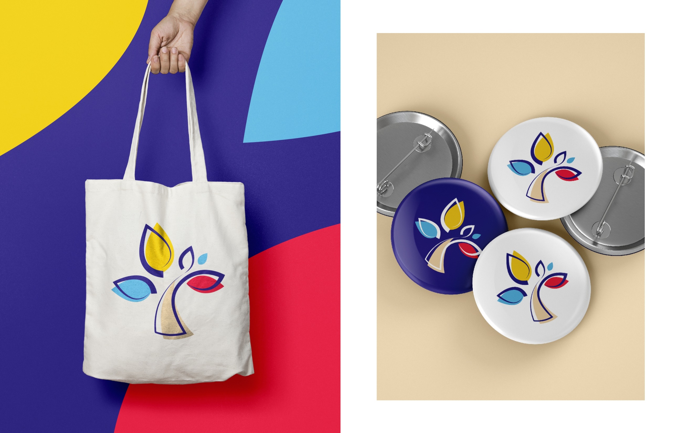 Mise en situation du logo Saint Dominique Savio sur un tote bag et sur des pins