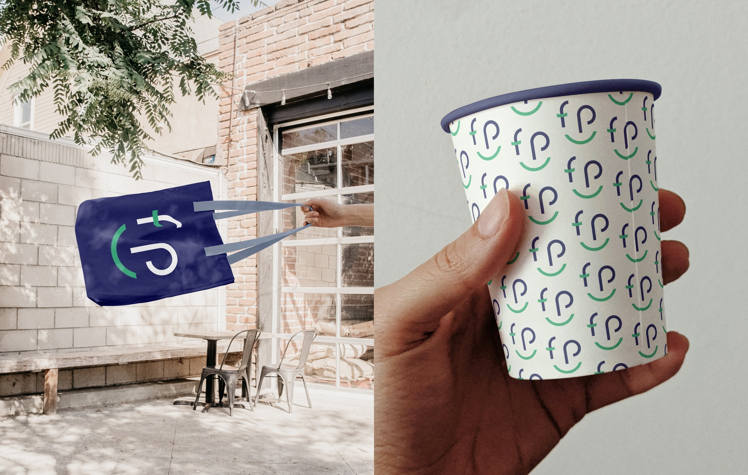 Mise en situation du logo SMFP sur un tote-bag et sur un gobelet en carton