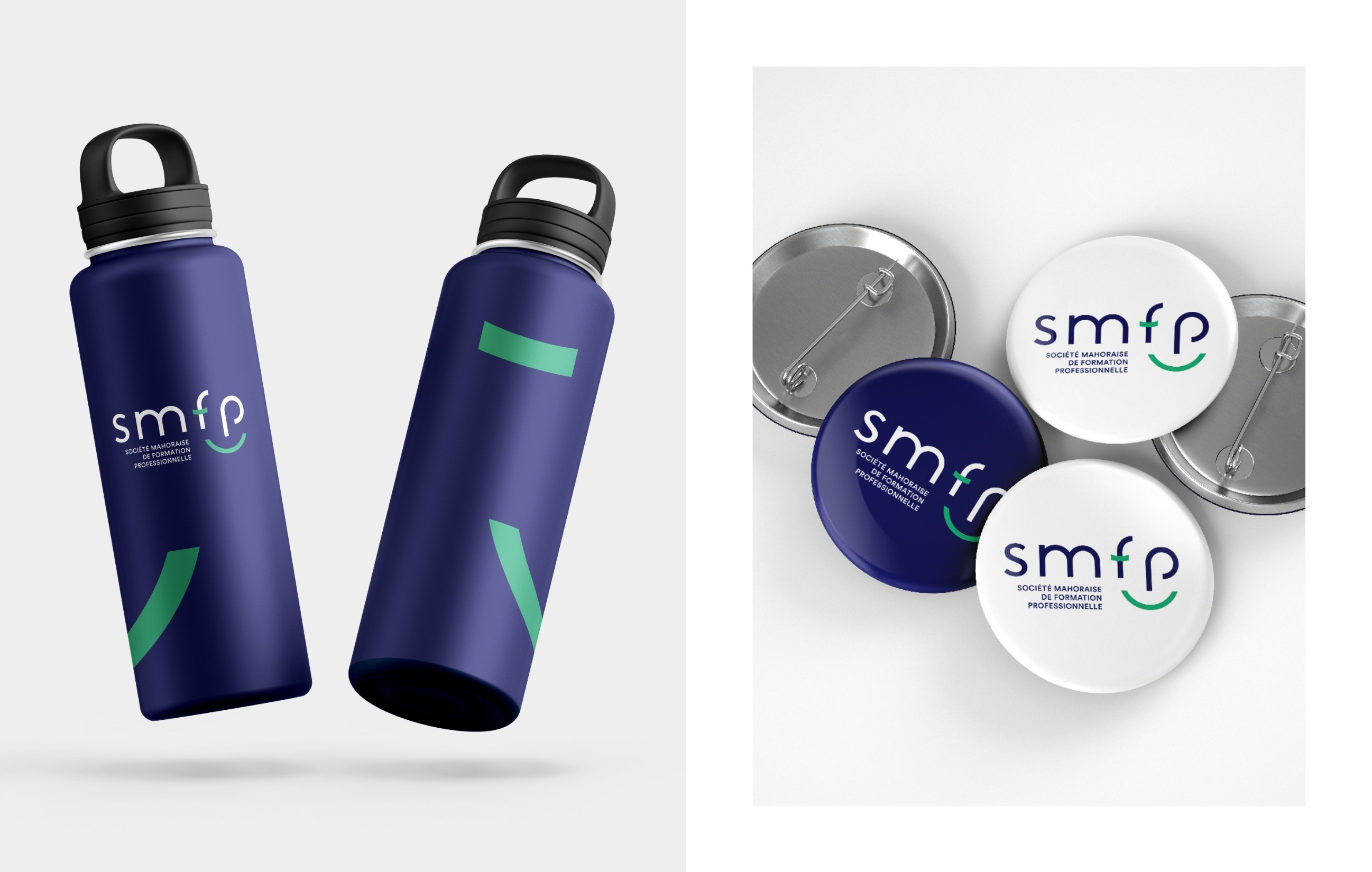 Mise en situation du logo SMFP sur une gourde et sur des pins
