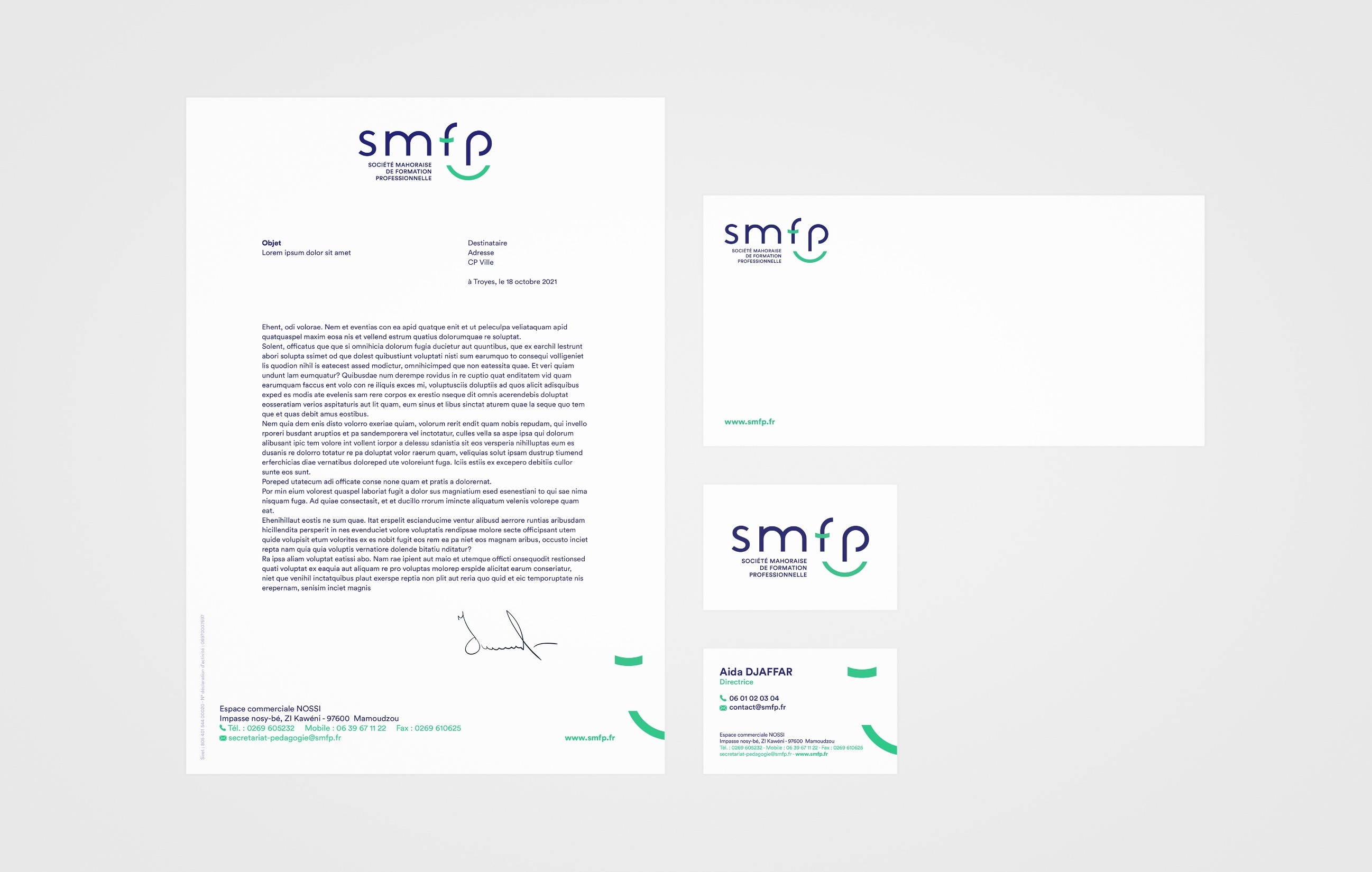 Papeterie SMFP : tête de lettre, enveloppe, carte de visite