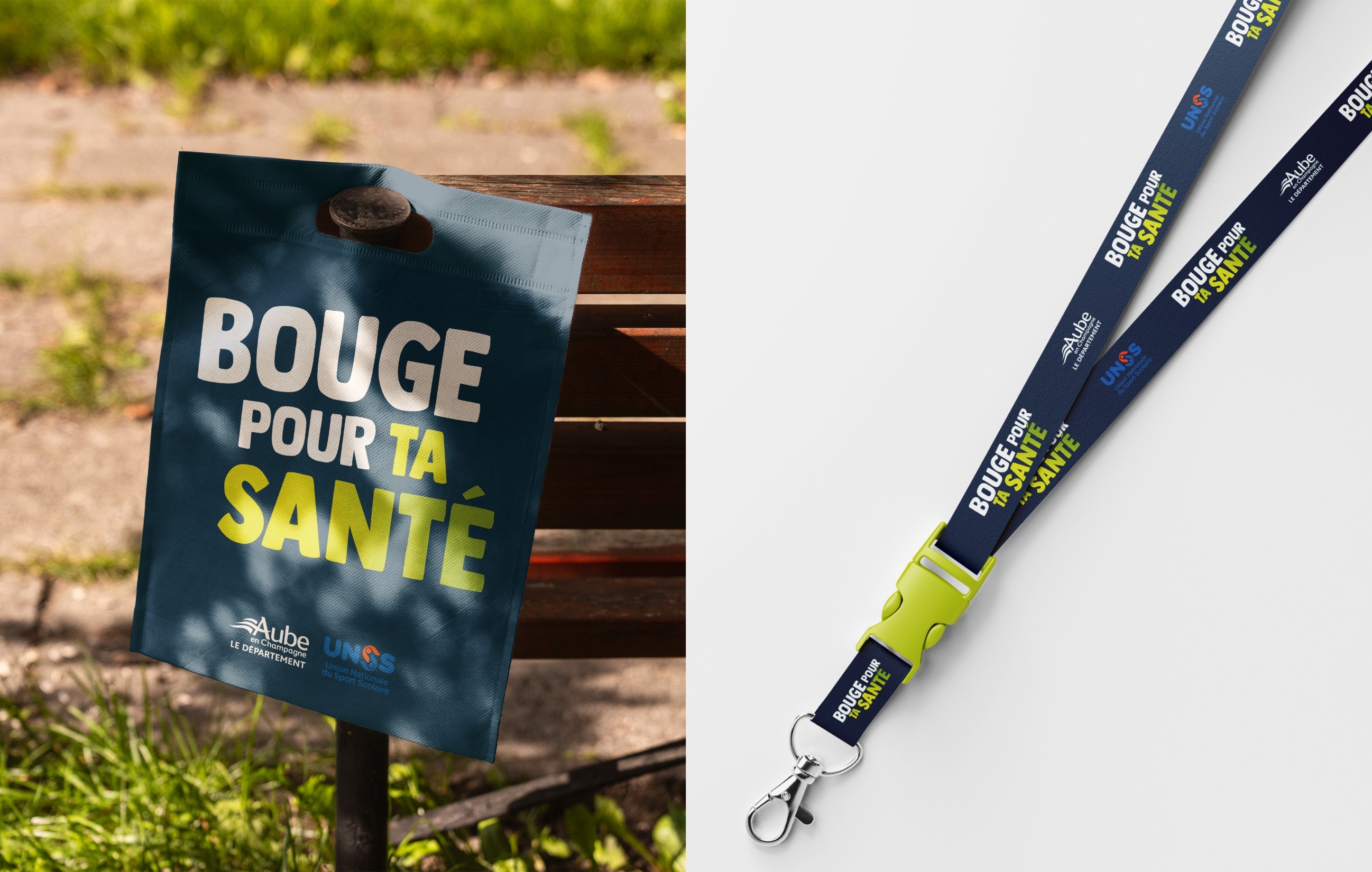 Mise en situation du bloc marque Bouge pour ta santé sur tote bag et tour de cou