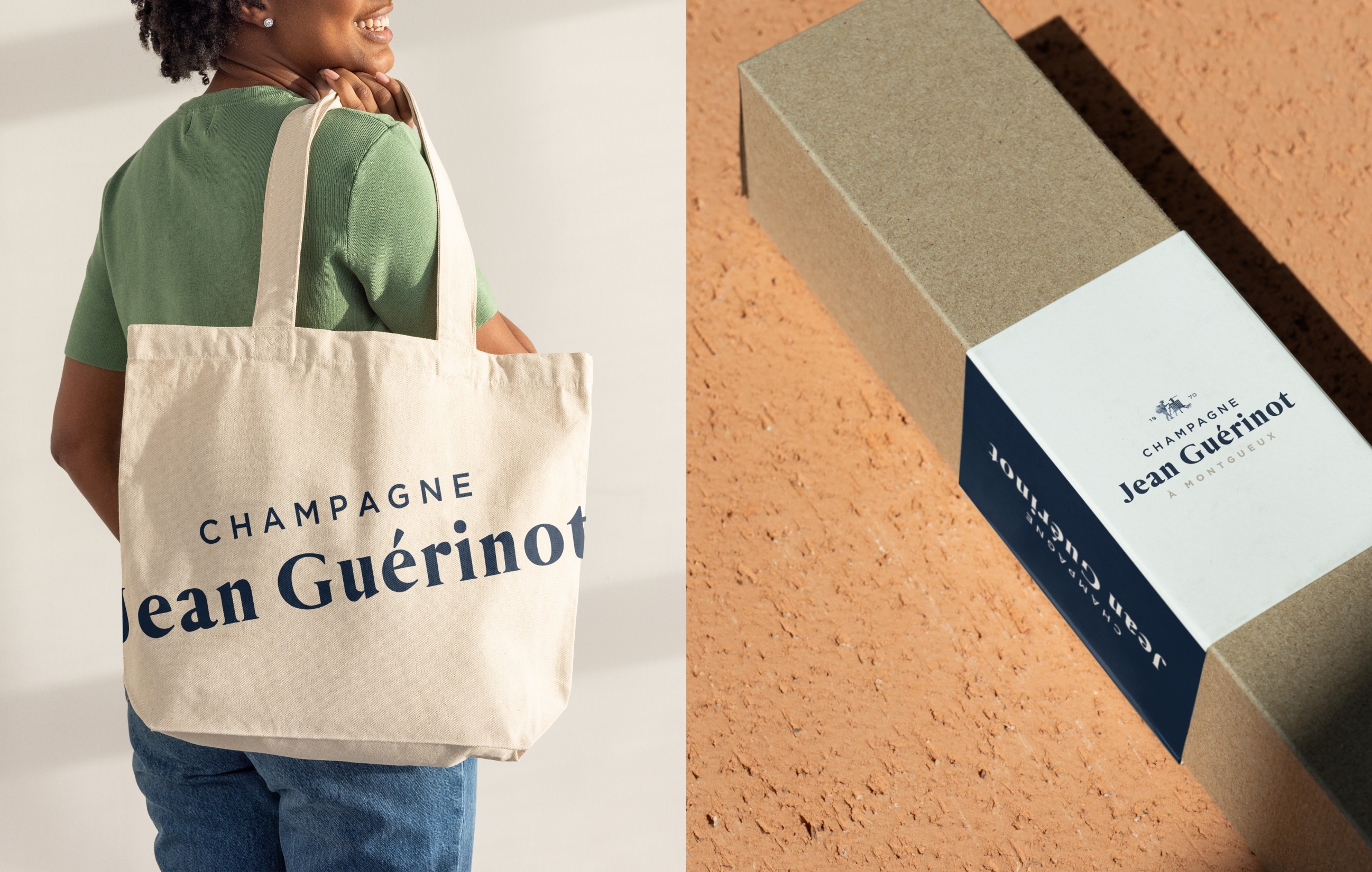 Mise en situation du logo Champagne Jean Guérinot sur tote bag et coffret de bouteille