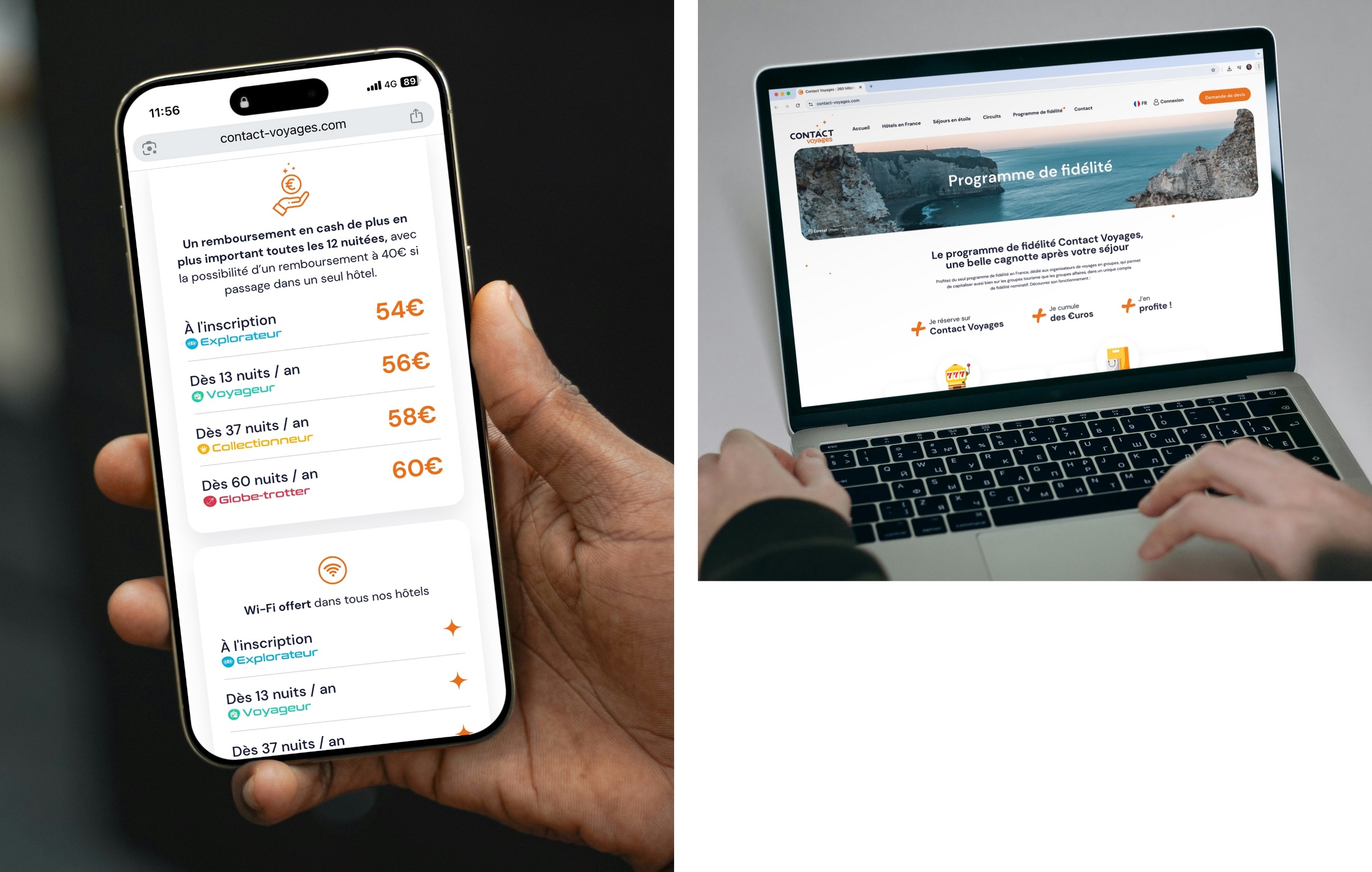 Mise en situation mobile et desktop du site Internet Contact Voyages