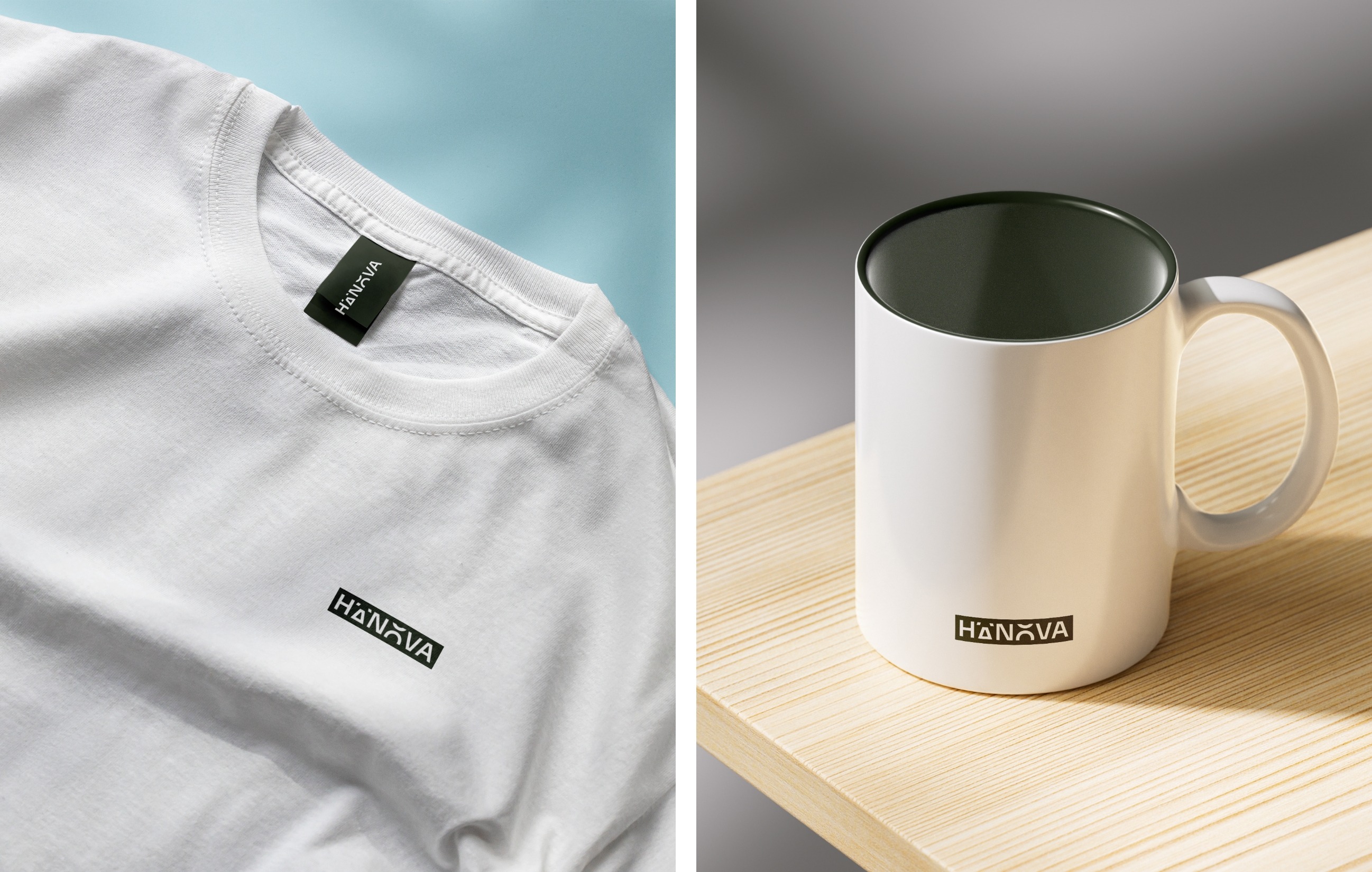 Mise en situation du logo Hanova sur un tee-shirt et sur un mug